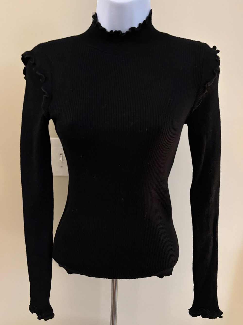 Ribbed Mock Neck Ruffle Trim Long-Sleeve Top